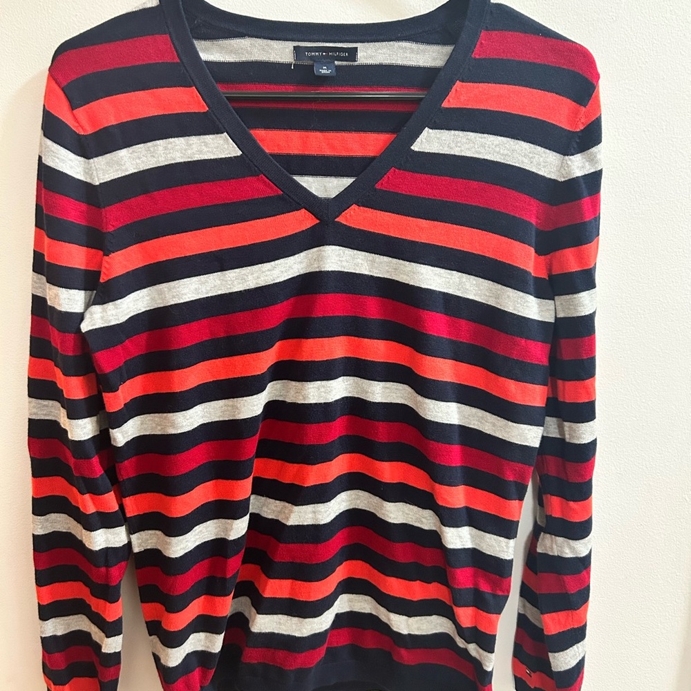 Tommy Hilfiger Womens V-Neck Striped Sweater Navy Red Orange Grey Size Medium